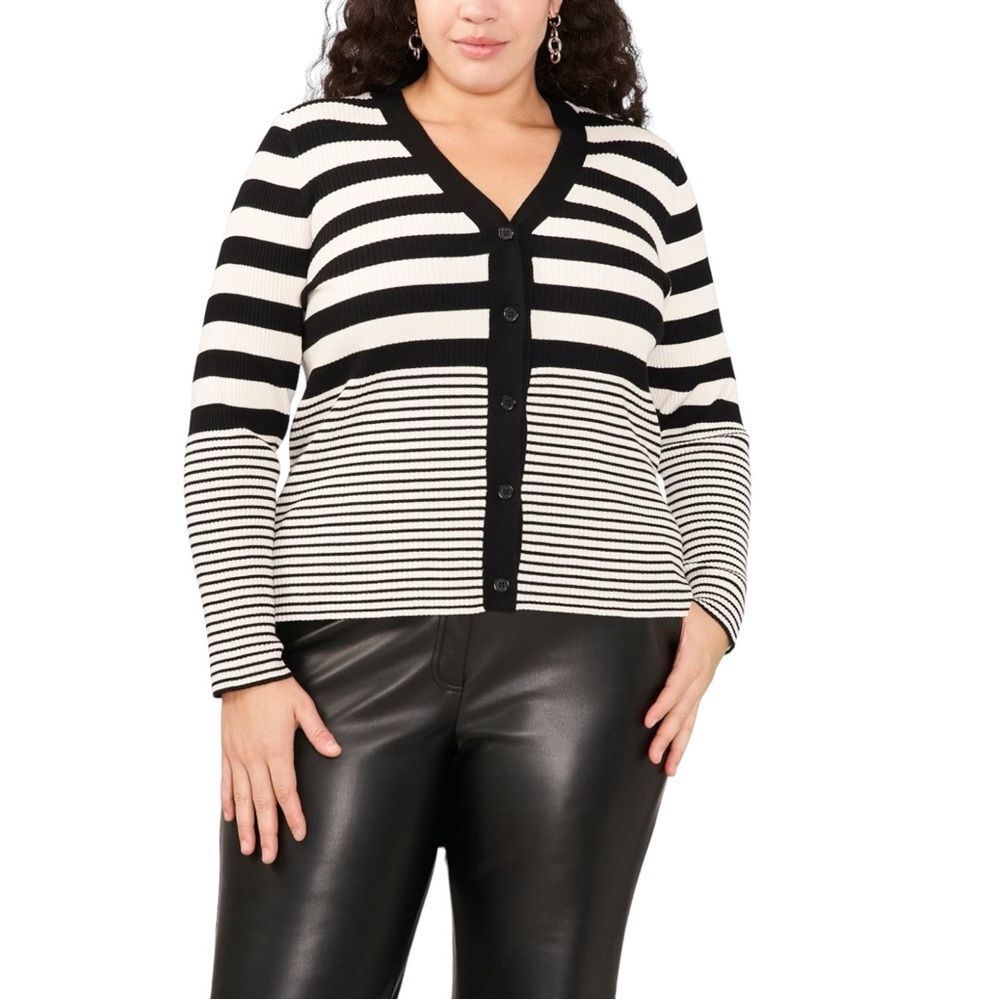 Vince Camuto Plus Size Striped Ribbed Knit VNeck Long Sleeve Cardigan